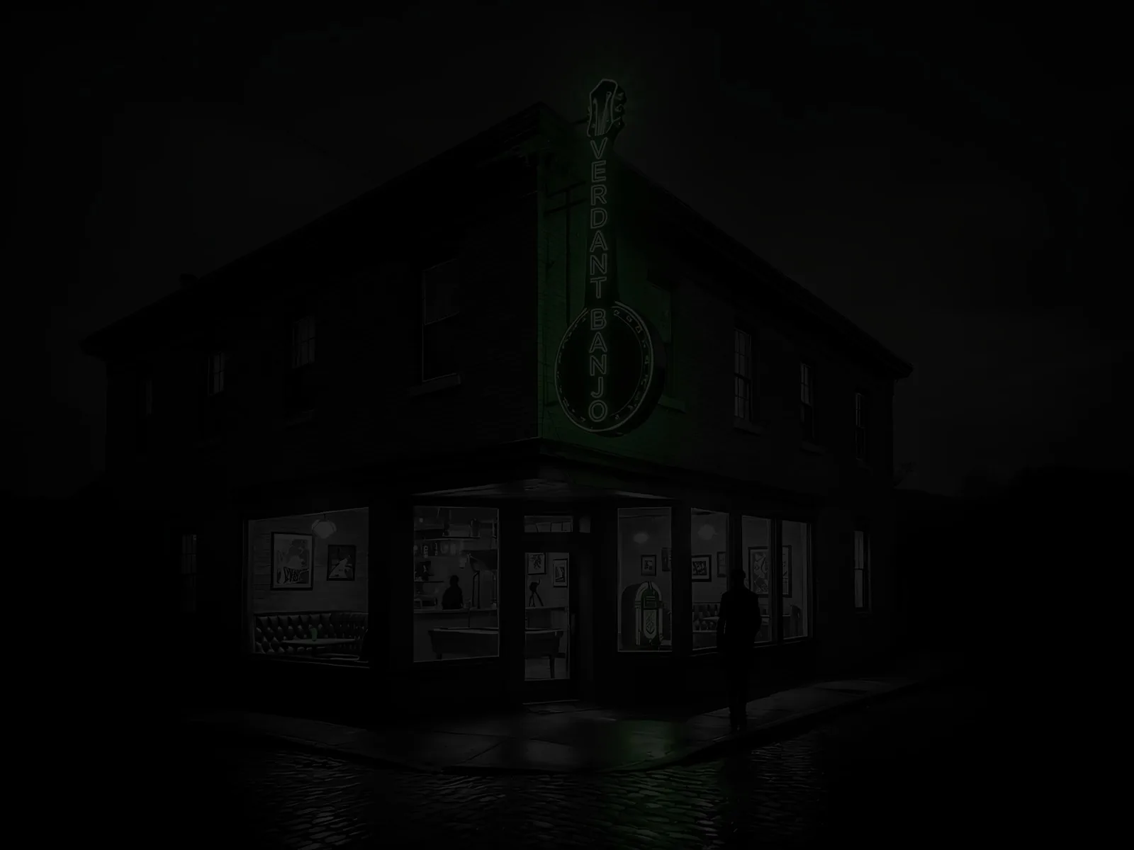 The Verdant Banjo, a corner bar at night
