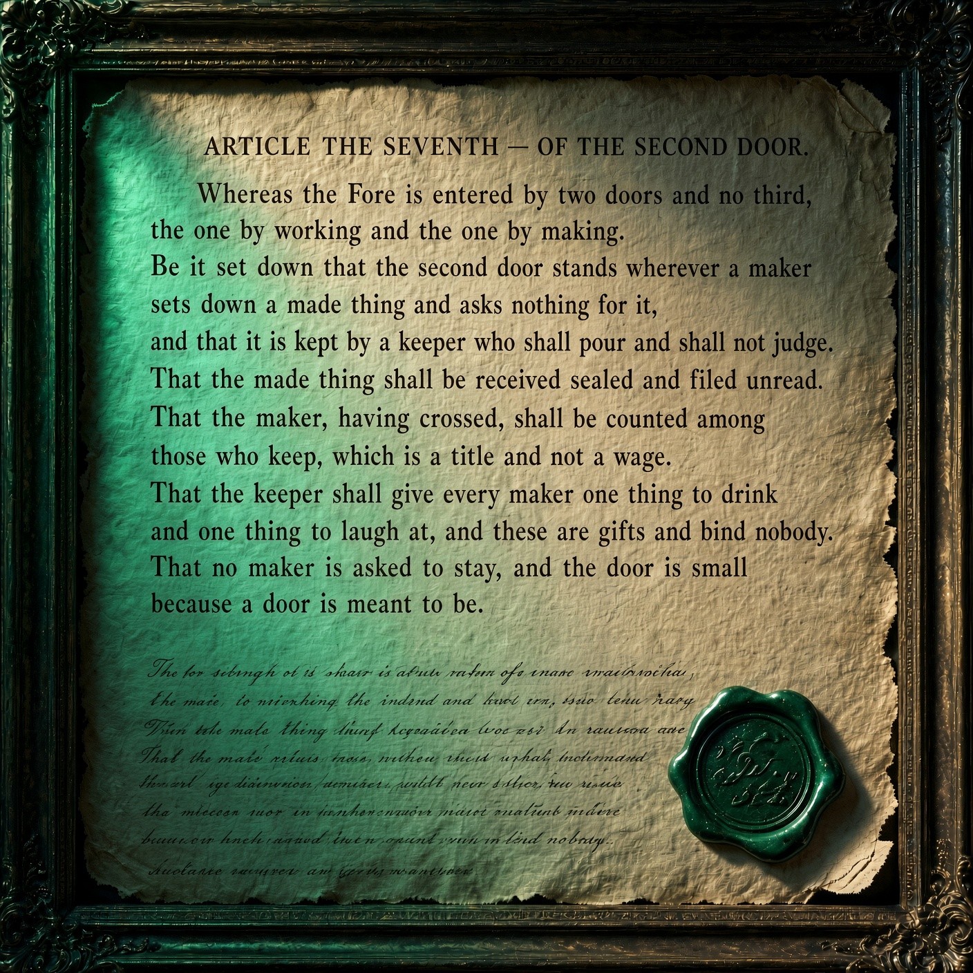 The contract on the wall of the Verdant Banjo. Article the Seventh is legible on the parchment; the rest is too worn to read.